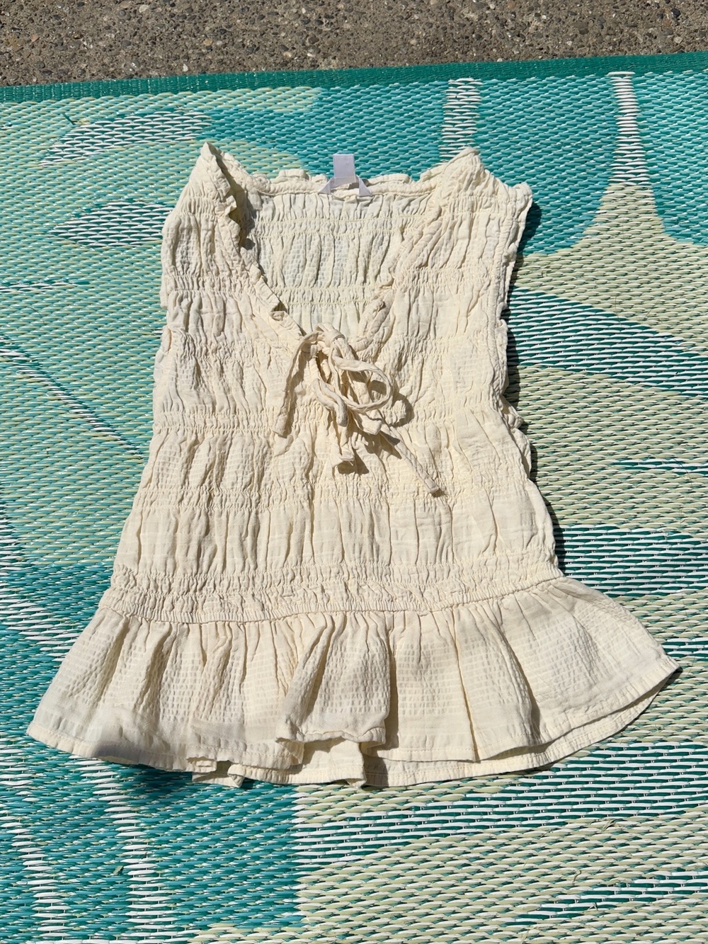 Cream White Smocked Ruffle V-Neck Tie Tank Top